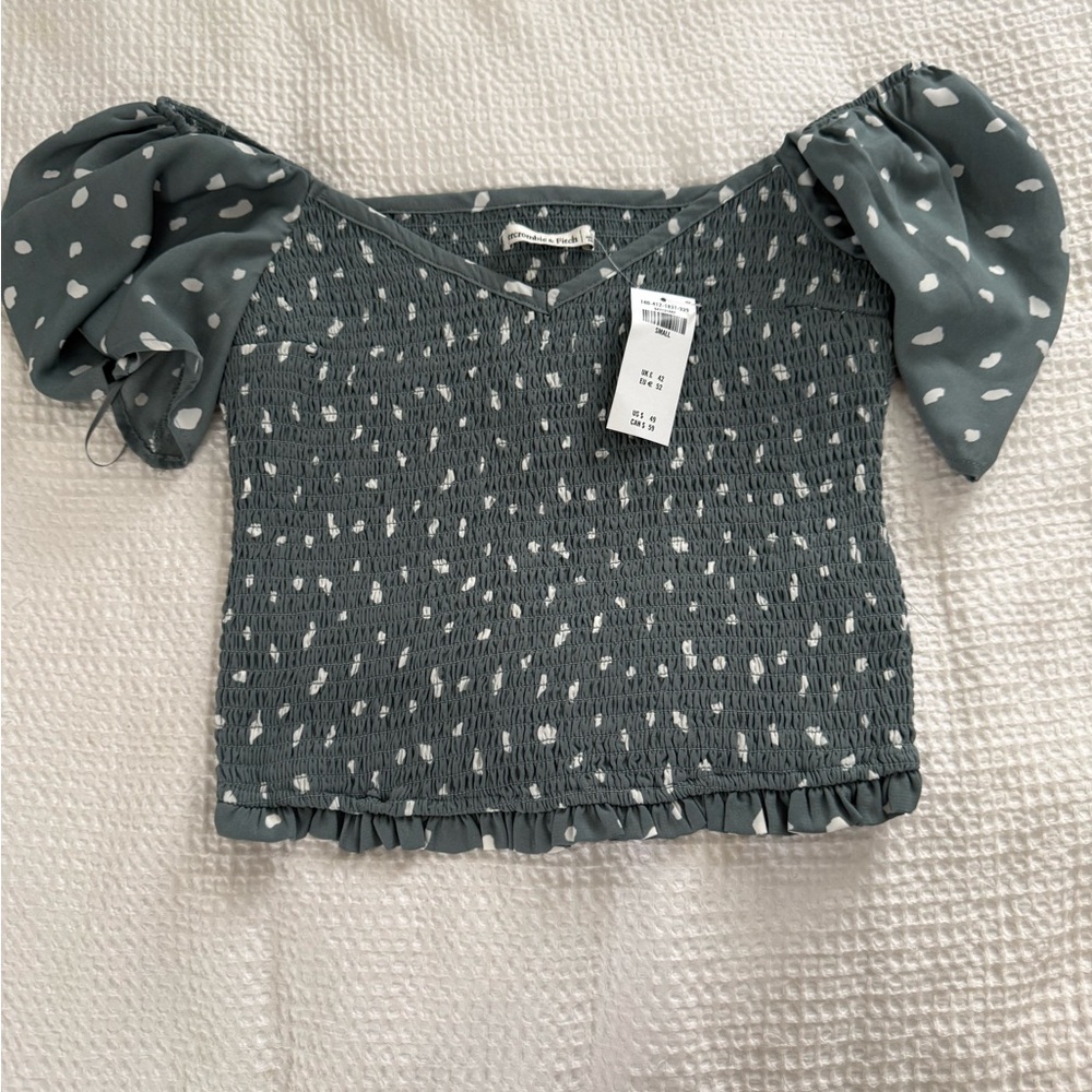 Abercrombie & Fitch Sage Green Smocked Top with White Spot Print